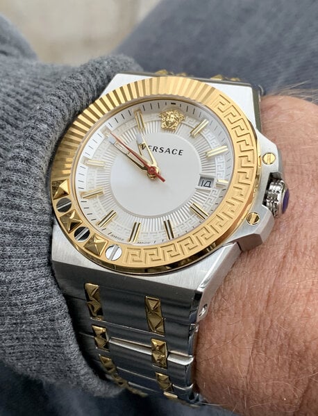  Shop Authentic Versace Chain Reaction Quartz White Dial Two Tone Steel Strap Watch for Men - VEDY00519 - Luxxuri