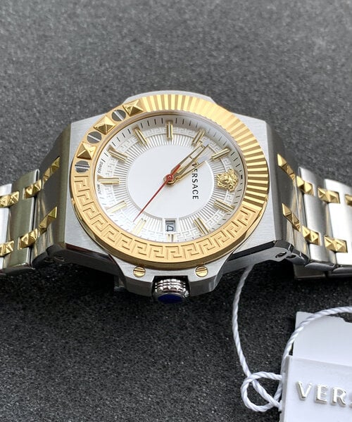  Shop Authentic Versace Chain Reaction Quartz White Dial Two Tone Steel Strap Watch for Men - VEDY00519 - Luxxuri