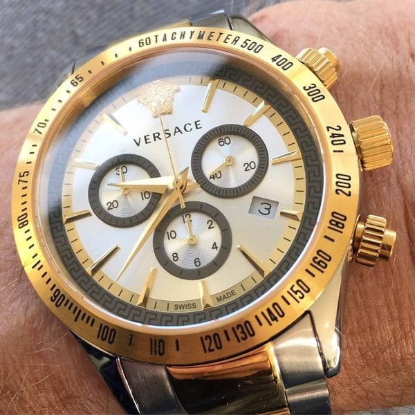  Shop Authentic Versace Classic Chronograph Quartz Silver Dial Two Tone Steel Strap Watch For Men - VEV700519 - Luxxuri