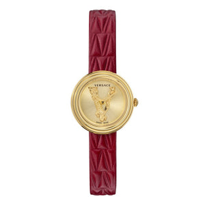  Shop Authentic Versace Virtus Mini Quartz Gold Dial Red Leather Strap Watch For Women - VET300521 - Luxxuri