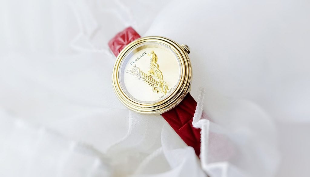  Shop Authentic Versace Virtus Mini Quartz Gold Dial Red Leather Strap Watch For Women - VET300521 - Luxxuri