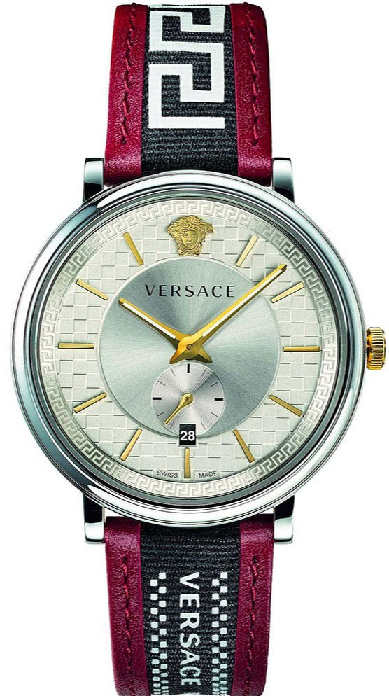  Shop Authentic Versace V Circle Silver Dial Two Tone Leather Strap Watch for Men - VEBQ01319 - Luxxuri