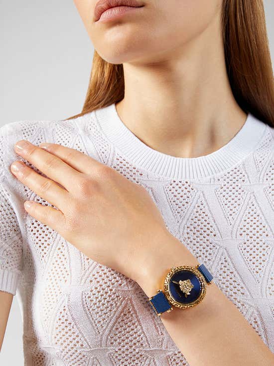  Shop Authentic Versace Palazzo Empire Greca Quartz Blue Dial Blue Leather Strap Watch for Women - VEDV00219 - Luxxuri