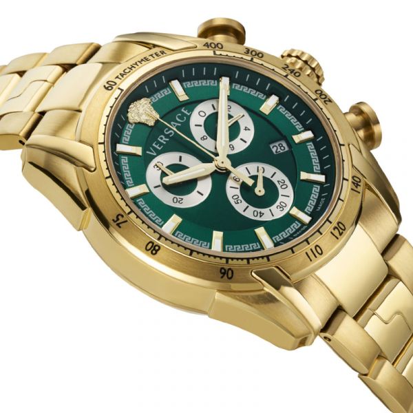  Shop Authentic Versace V-Ray Chronograph Quartz Green Dial Gold Steel Strap Watch For Men - VE2I00621 - Luxxuri