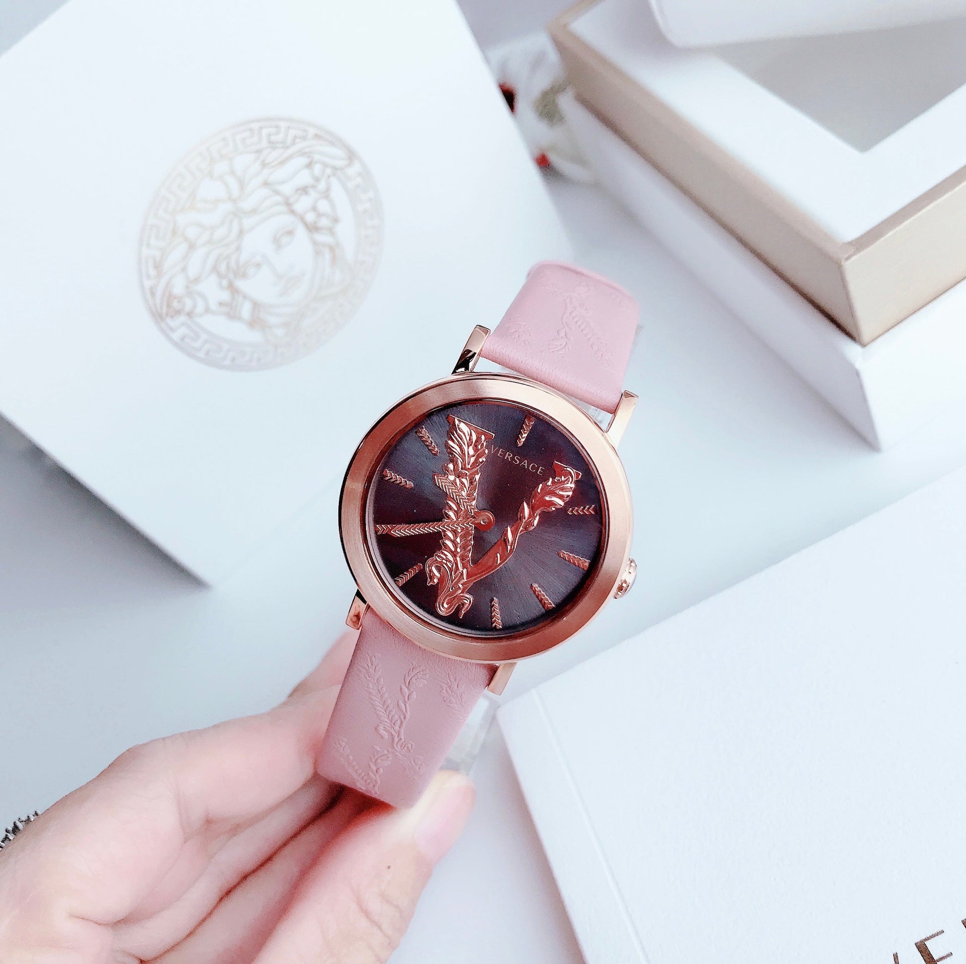  Shop Authentic Versace Virtus Quartz Grey Dial Pink Leather Strap Watch for Women - VEHC00319 - Luxxuri