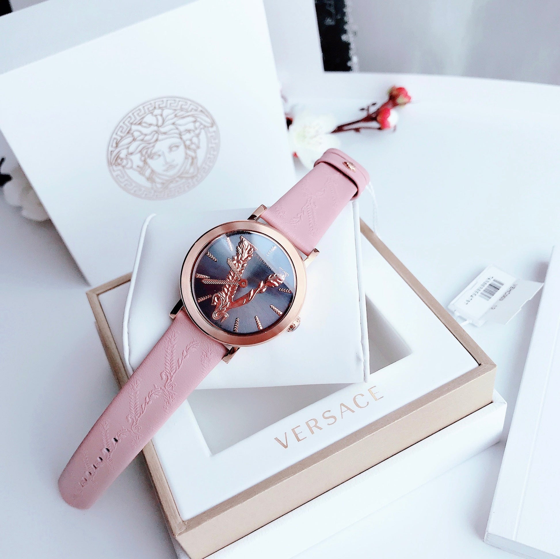  Shop Authentic Versace Virtus Quartz Grey Dial Pink Leather Strap Watch for Women - VEHC00319 - Luxxuri