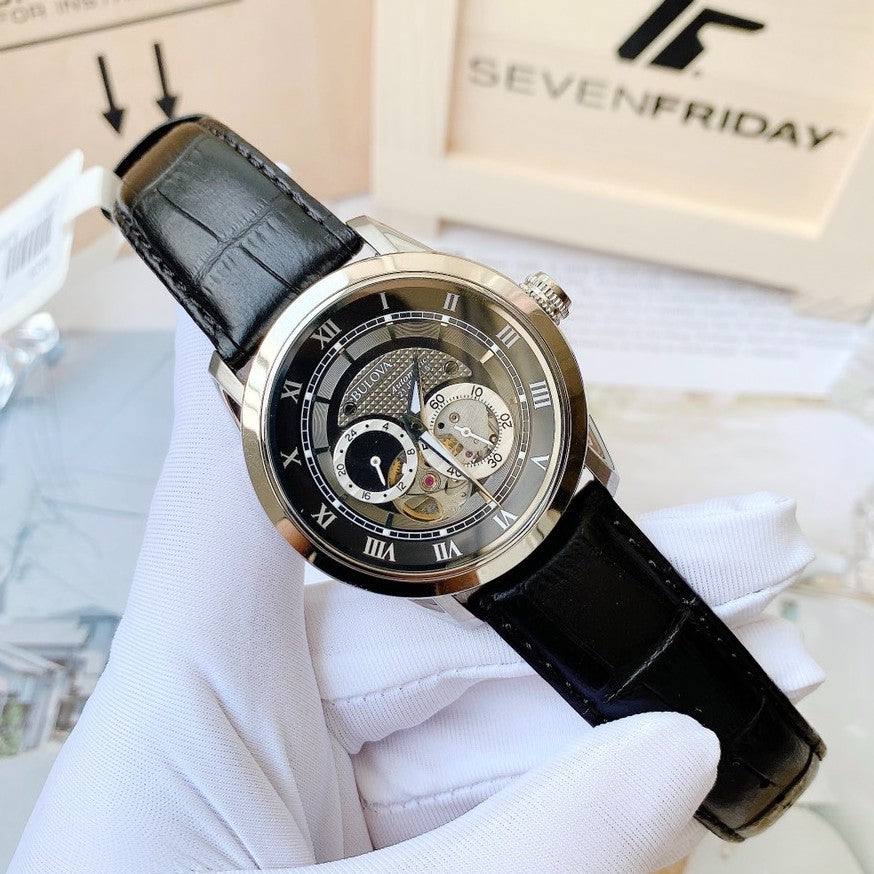  Shop Authentic Bulova BVA Classic Automatic Silver Dial Black Leather Strap Watch for Men - 96A135 - Luxxuri