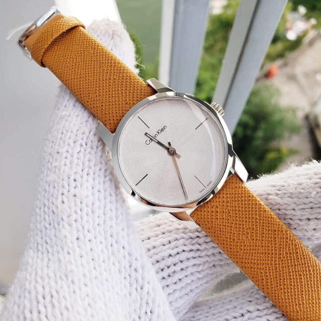  Shop Authentic Calvin Klein City Silver Dial Orange Leather Strap Watch for Women - K2G231G6 - Luxxuri