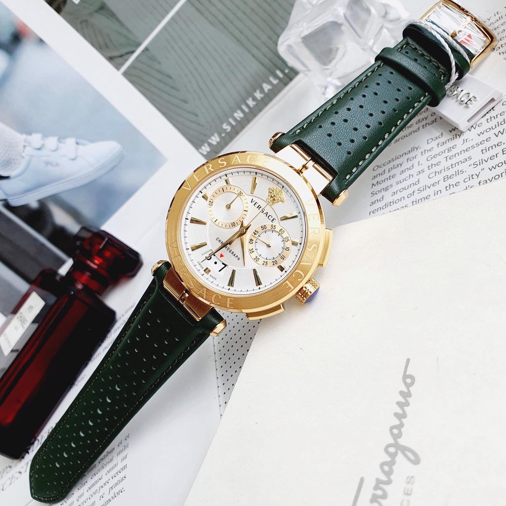  Shop Authentic Versace Aion Chronograph White Dial Green Leather Strap Watch for Men - VBR020017 - Luxxuri