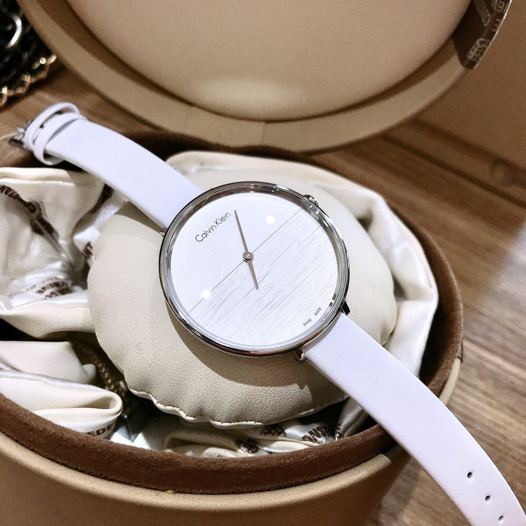  Shop Authentic Calvin Klein Rise White Grey Dial White Leather Strap Watch for Women - K7A231L6 - Luxxuri