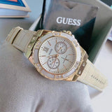  Shop Authentic Guess Limelight Quartz Silver Dial Golden Leather Strap Watch For Women - W0775L2 - Luxxuri
