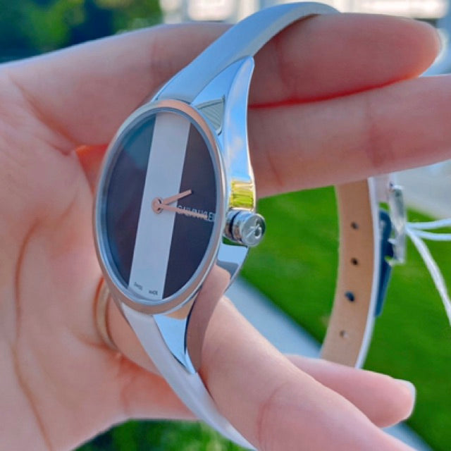  Shop Authentic Calvin Klein Rebel White Black Dial White Leather Strap Watch for Women - K8P231L1 - Luxxuri