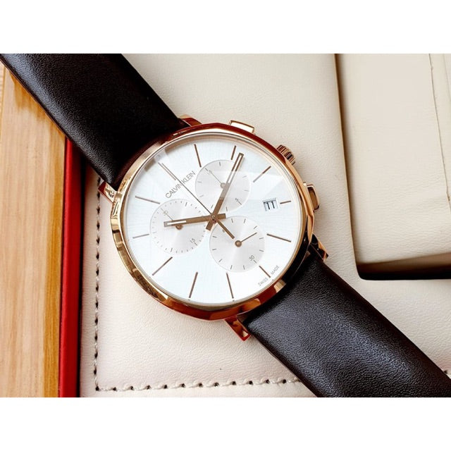  Shop Authentic Calvin Klein Posh Chronograph White Dial Brown Leather Strap Watch for Men - K8Q376G6 - Luxxuri