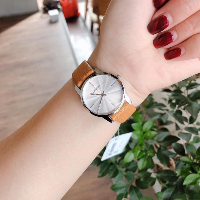  Shop Authentic Calvin Klein City Silver Dial Orange Leather Strap Watch for Women - K2G231G6 - Luxxuri