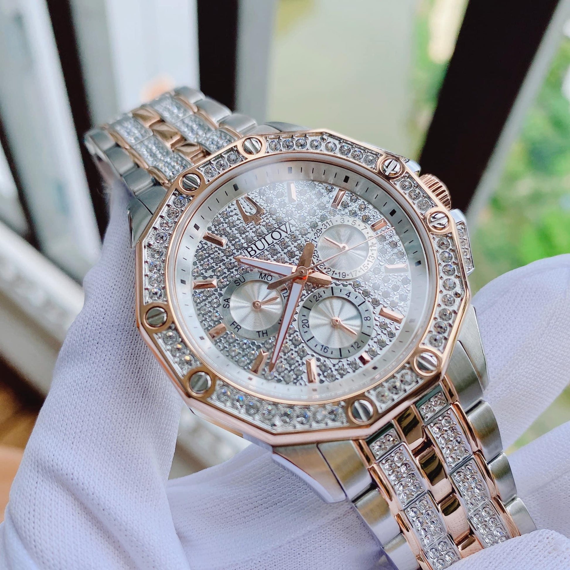  Shop Authentic Bulova Octova Crystal Silver Dial Two Tone Steel Strap Watch for Men - 98C133 - Luxxuri