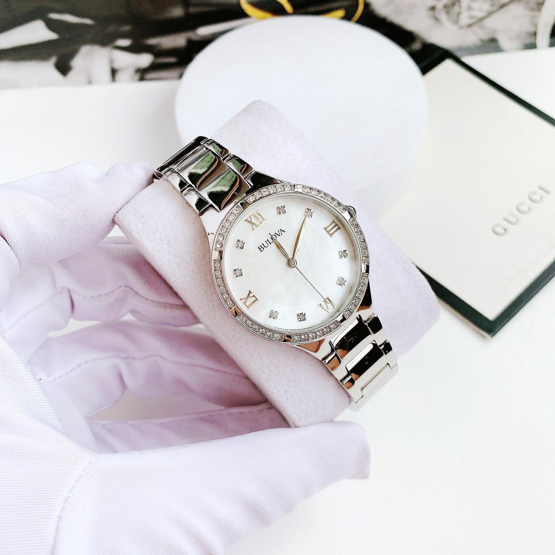  Shop Authentic Bulova Crystal Collection Mother of Pearl Dial Silver Steel Strap Watch for Women - 96L263 - Luxxuri