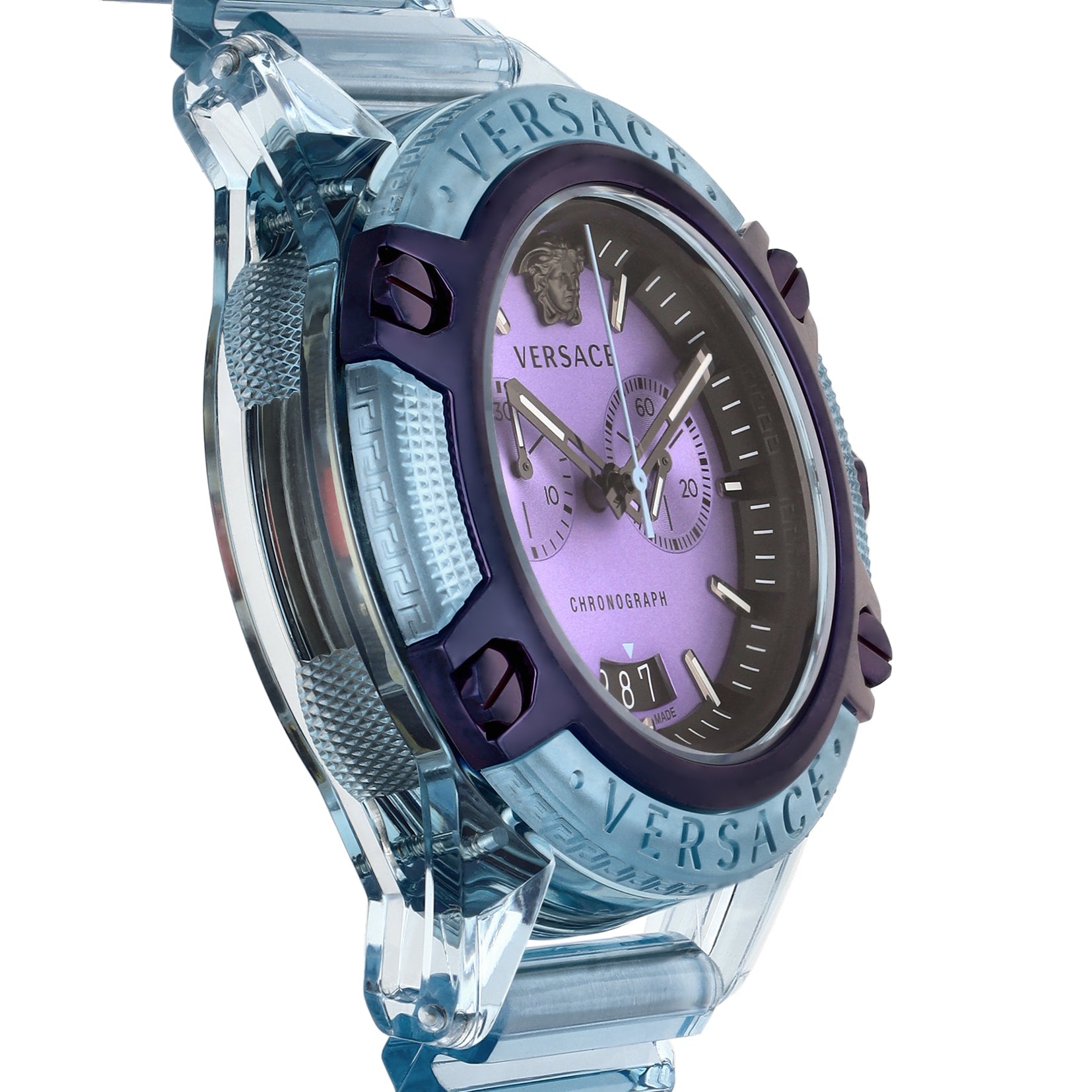  Shop Authentic Versace Icon Active Chronograph Purple Dial Blue Silicone Strap Watch For Men - VEZ701523 - Luxxuri
