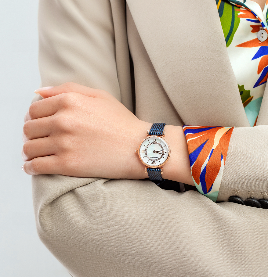  Shop Authentic Emporio Armani Gianni T-Bar Analog Mother of Pearl Dial Blue Leather Strap Watch For Women - AR11468 - Luxxuri