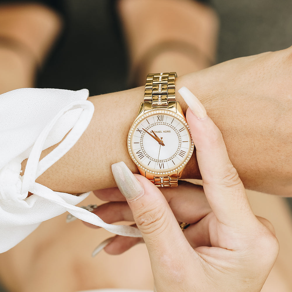  Shop Authentic Michael Kors Lauryn Mother of Pearl White Dial Gold Steel Strap Watch for Women - MK3899 - Luxxuri