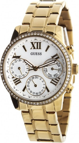  Shop Authentic Guess Mini Sunrise Diamonds Silver Dial Gold Steel Strap Watch for Women - W0623L3 - Luxxuri
