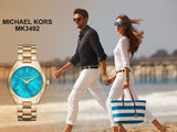  Shop Authentic Michael Kors Slim Runway Blue Mother of Pearl Dial Gold Steel Strap Watch for Women - MK3492 - Luxxuri