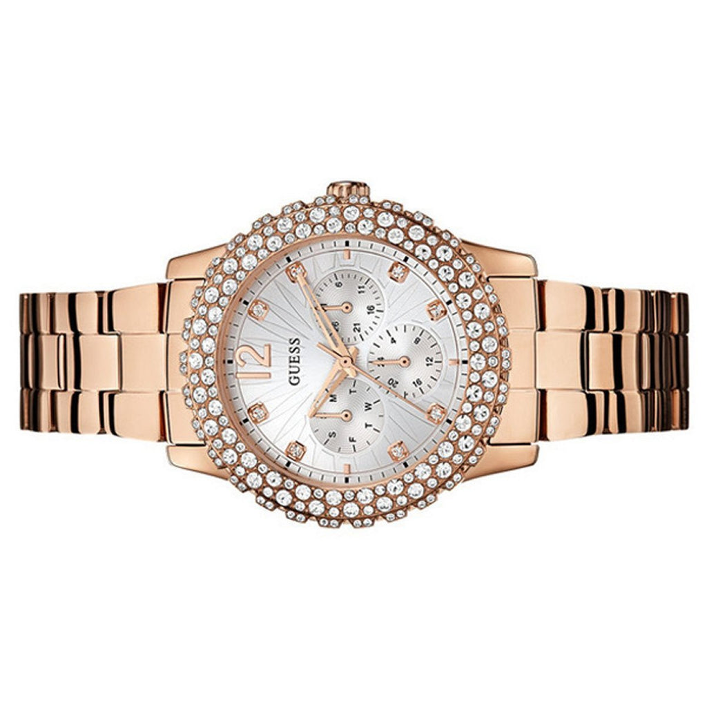  Shop Authentic Guess Dazzler Diamonds Silver Dial Rose Gold Steel Strap Watch for Women - W0335L3 - Luxxuri