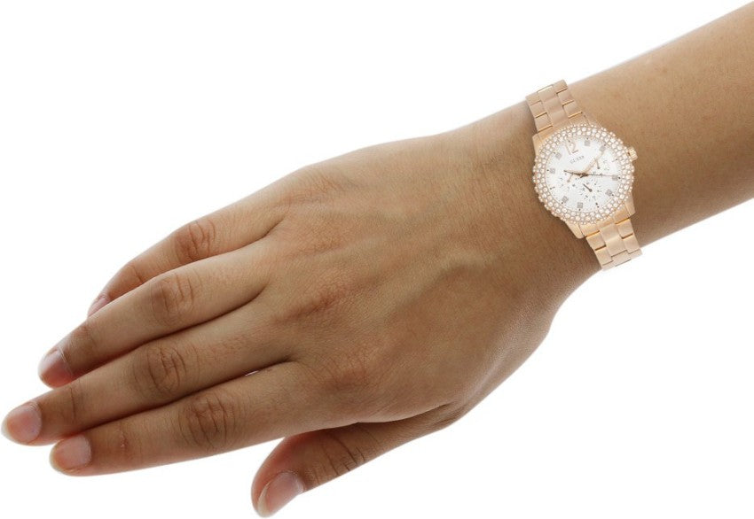  Shop Authentic Guess Dazzler Diamonds Silver Dial Rose Gold Steel Strap Watch for Women - W0335L3 - Luxxuri