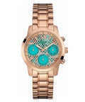  Shop Authentic Guess Mini Sunrise Multi Function Analog Turquoise Dial Rose Gold Steel Strap Watch For Women - W0448L8 - Luxxuri