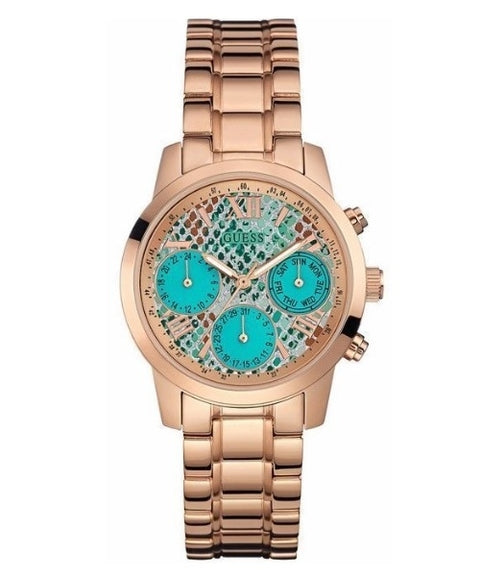 Shop Authentic Guess Mini Sunrise Multi Function Analog Turquoise Dial Rose Gold Steel Strap Watch For Women - W0448L8 - Luxxuri