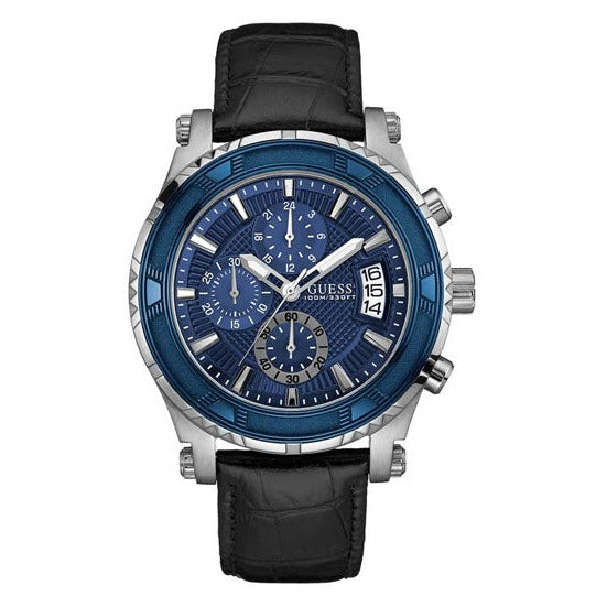  Shop Authentic Guess Pinnacle Chronograph Quartz Blue Dial Black Leather Strap Watch For Men - W0673G4 - Luxxuri