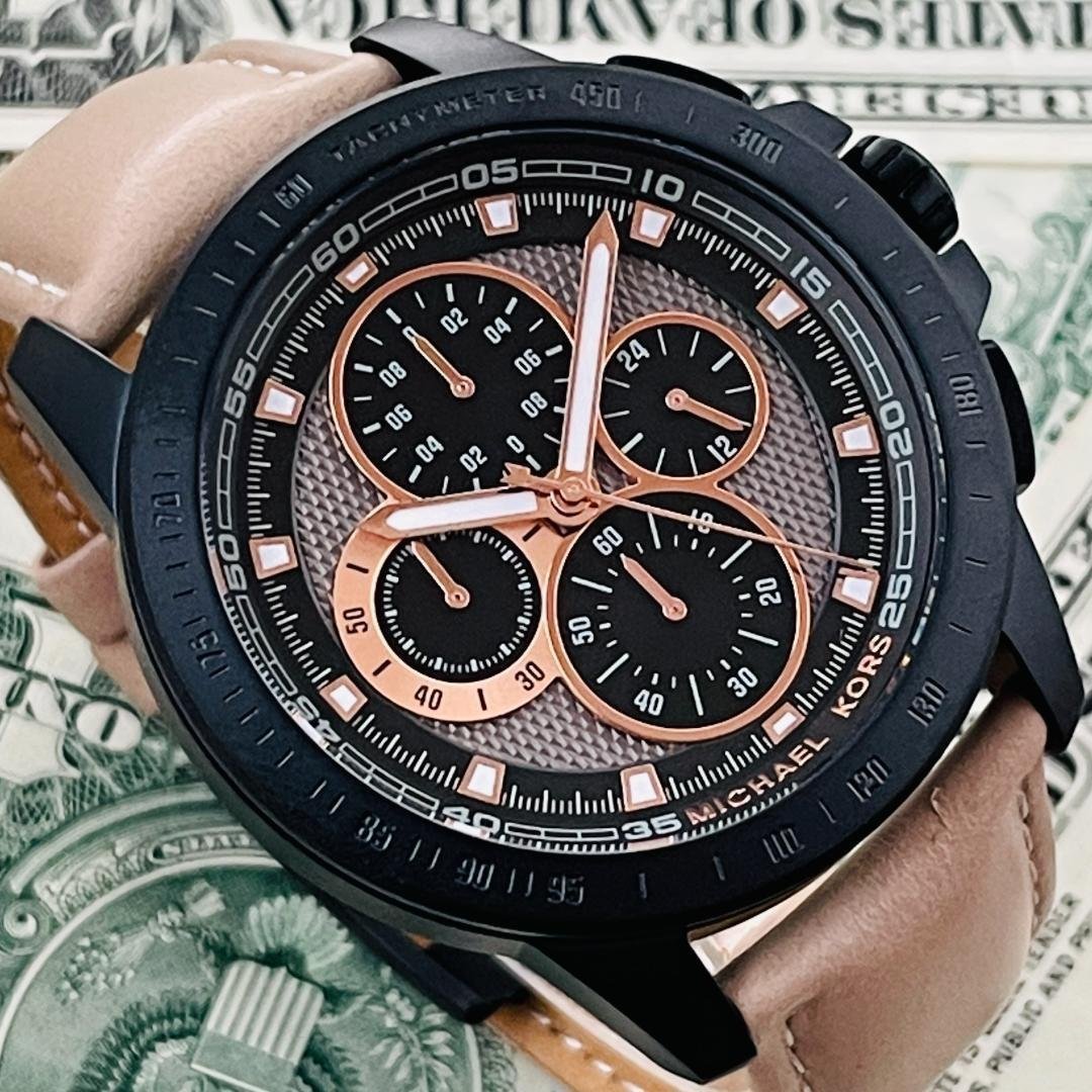 Michael Kors Ryker Chronograph Black Dial Beige Leather Strap Watch For Men - MK8520