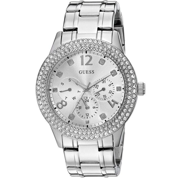  Shop Authentic Guess Bedazzle Diamonds Silver Dial Silver Steel Strap Watch For Women - W1097L1 - Luxxuri