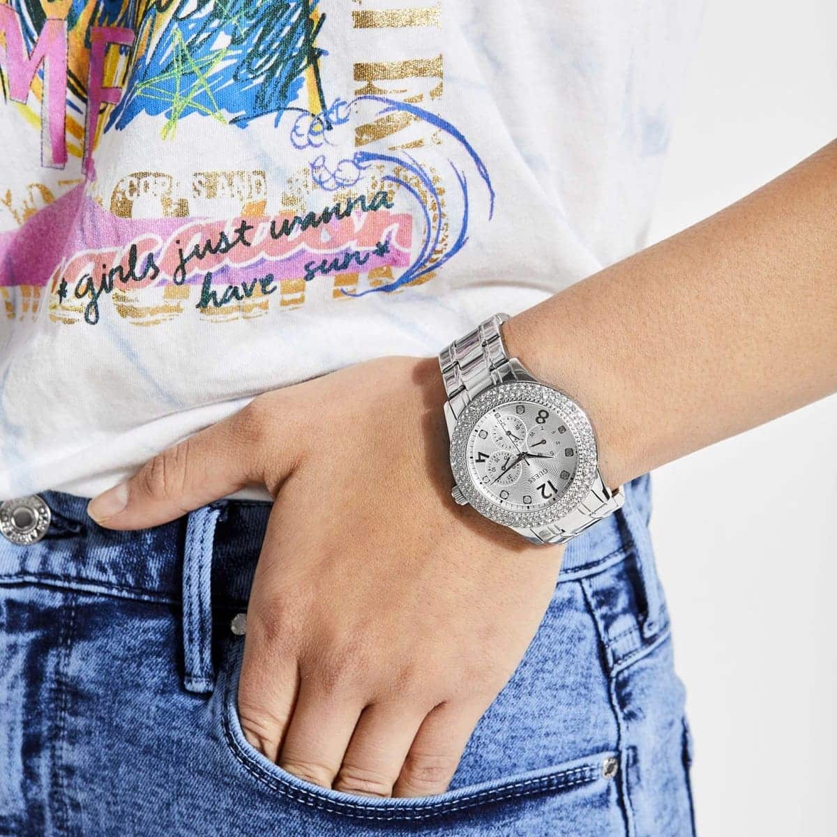  Shop Authentic Guess Bedazzle Diamonds Silver Dial Silver Steel Strap Watch For Women - W1097L1 - Luxxuri