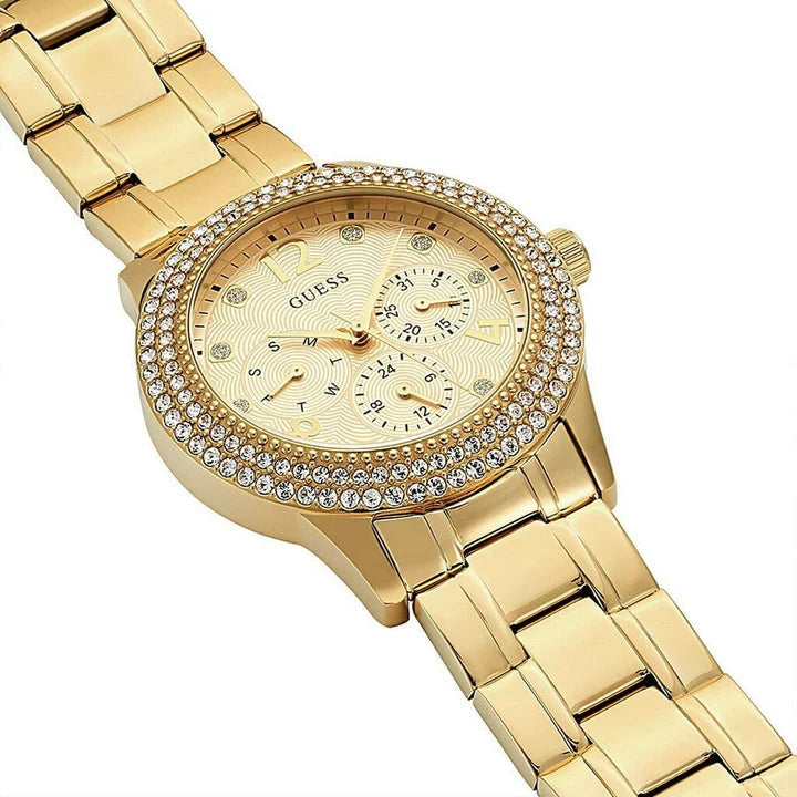  Shop Authentic Guess Bedazzle Diamonds Gold Dial Gold Steel Strap Watch For Women - W1097L2 - Luxxuri