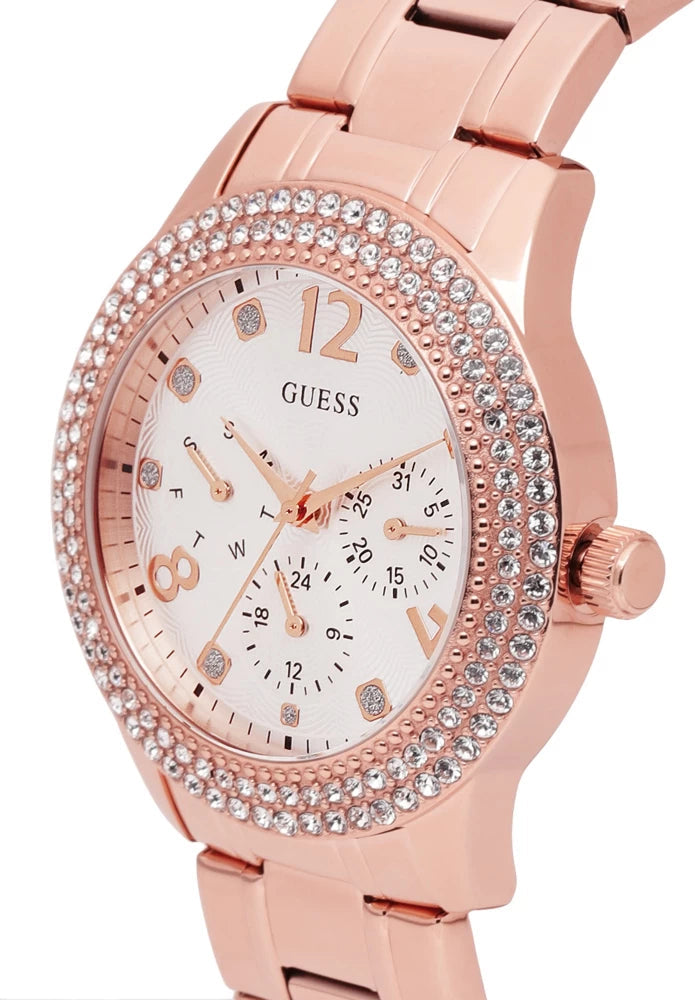  Shop Authentic Guess Bedazzle Diamonds Silver Dial Rose Gold Steel Strap Watch For Women - W1097L3 - Luxxuri