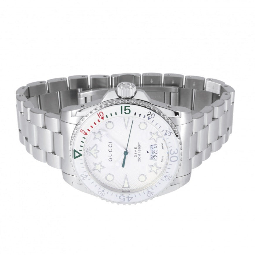  Shop Authentic Gucci Dive Quartz White Dial Silver Steel Strap Watch For Men - YA136336 - Luxxuri