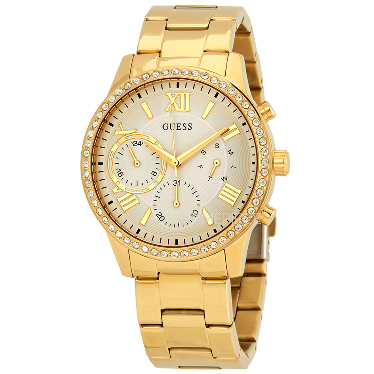  Shop Authentic Guess Solar Chronograph Diamonds White Dial Gold Steel Strap Watch for Women - W1069L2 - Luxxuri