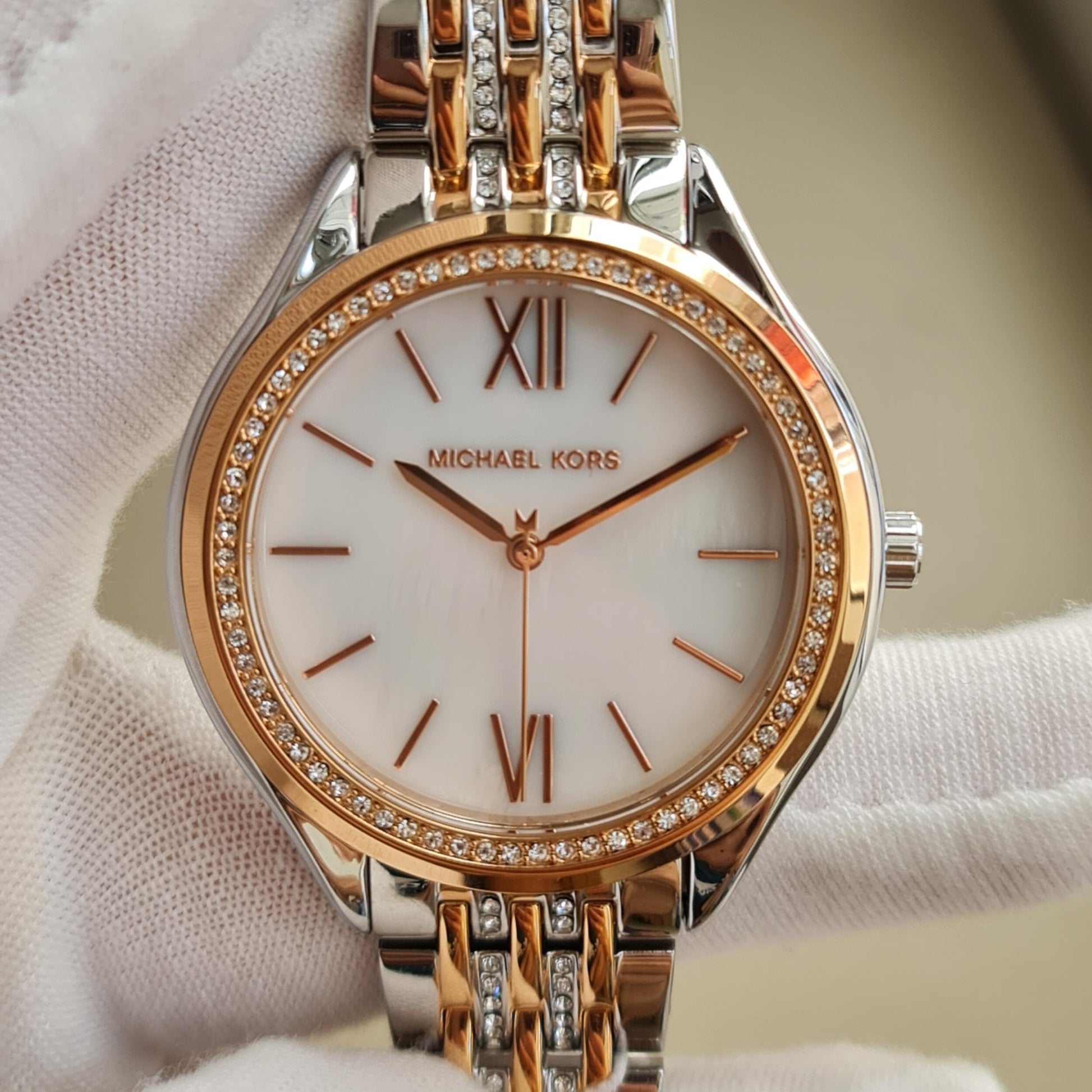  Shop Authentic Michael Kors Mindy Three Hand White Dial Two Tone Steel Strap Watch For Women - MK7077 - Luxxuri