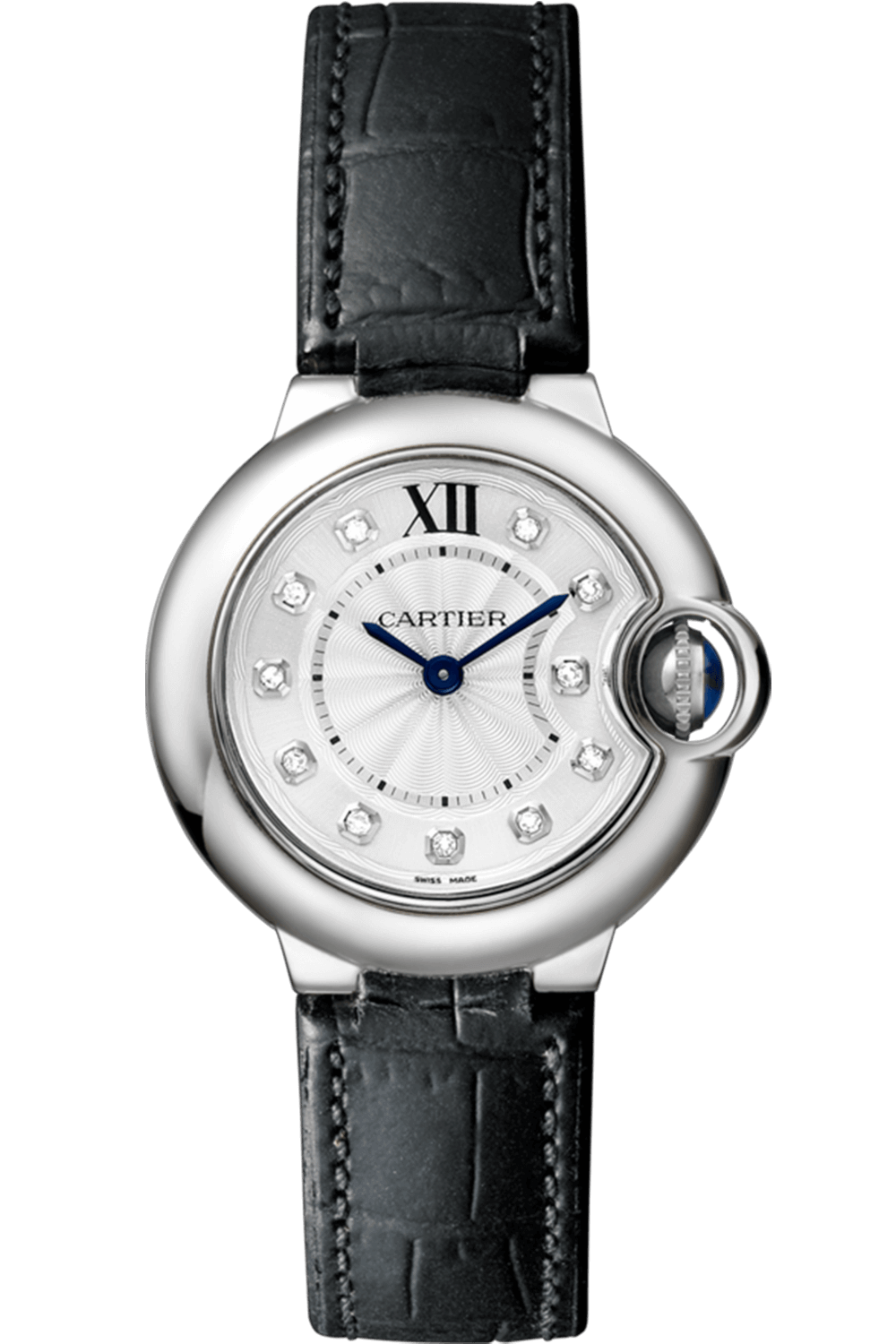  Shop Authentic Cartier Ballon Bleu de Cartier Diamonds Silver Dial Black Leather Strap Watch for Women - W4BB0008 - Luxxuri