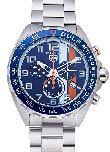  Shop Authentic Tag Heuer Formula 1 Gulf Edition Chronograph Blue Dial Silver Steel Strap Watch for Men - CAZ101AT.BA0842 - Luxxuri
