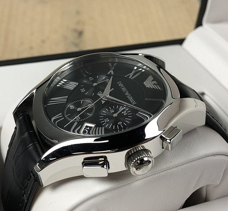  Shop Authentic Emporio Armani Valente Chronograph Black Dial Black Leather Strap Watch For Men - AR1633 - Luxxuri