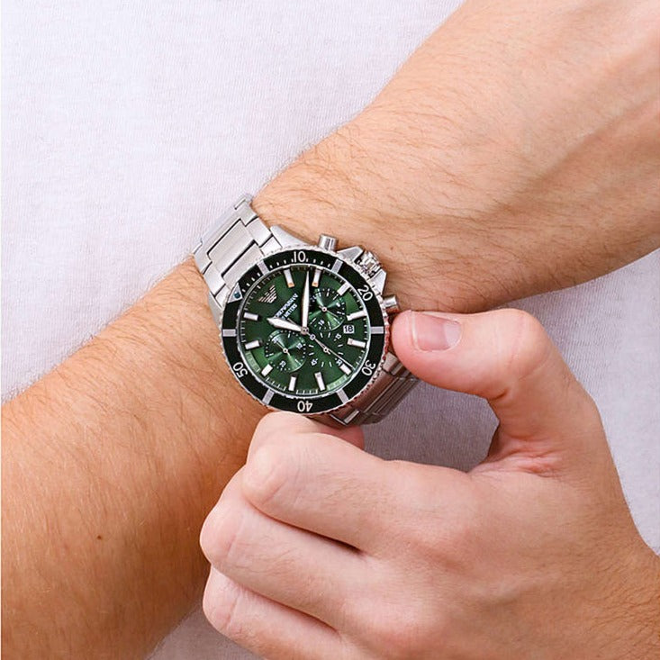  Shop Authentic Emporio Armani Diver Chronograph Green Dial Silver Steel Strap Watch For Men - AR11500 - Luxxuri