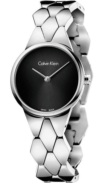  Shop Authentic Calvin Klein Snake Black Dial Silver Steel Strap Watch For Women - K6E23141 - Luxxuri