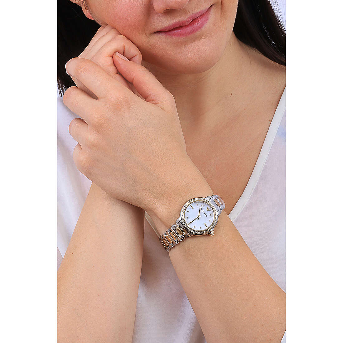  Shop Authentic Emporio Armani Mia Quartz Mother of Pearl Dial Two Tone Steel Strap Watch For Women - AR11524 - Luxxuri