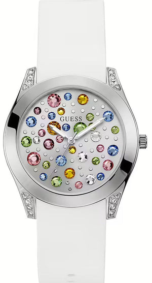  Shop Authentic Guess Wanderlust Crystals Silver Dial White Rubber Strap Watch For Women - W1059L3 - Luxxuri
