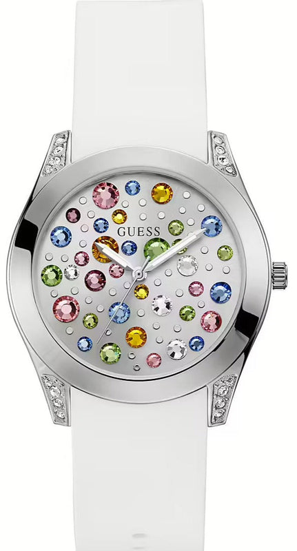  Shop Authentic Guess Wanderlust Crystals Silver Dial White Rubber Strap Watch for Women - W1059L1 - Luxxuri