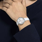  Shop Authentic Swarovski Crystal Frost Silver Dial White Leather Strap Watch for Women - 5484070 - Luxxuri
