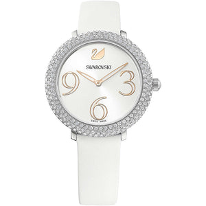  Shop Authentic Swarovski Crystal Frost Silver Dial White Leather Strap Watch for Women - 5484070 - Luxxuri