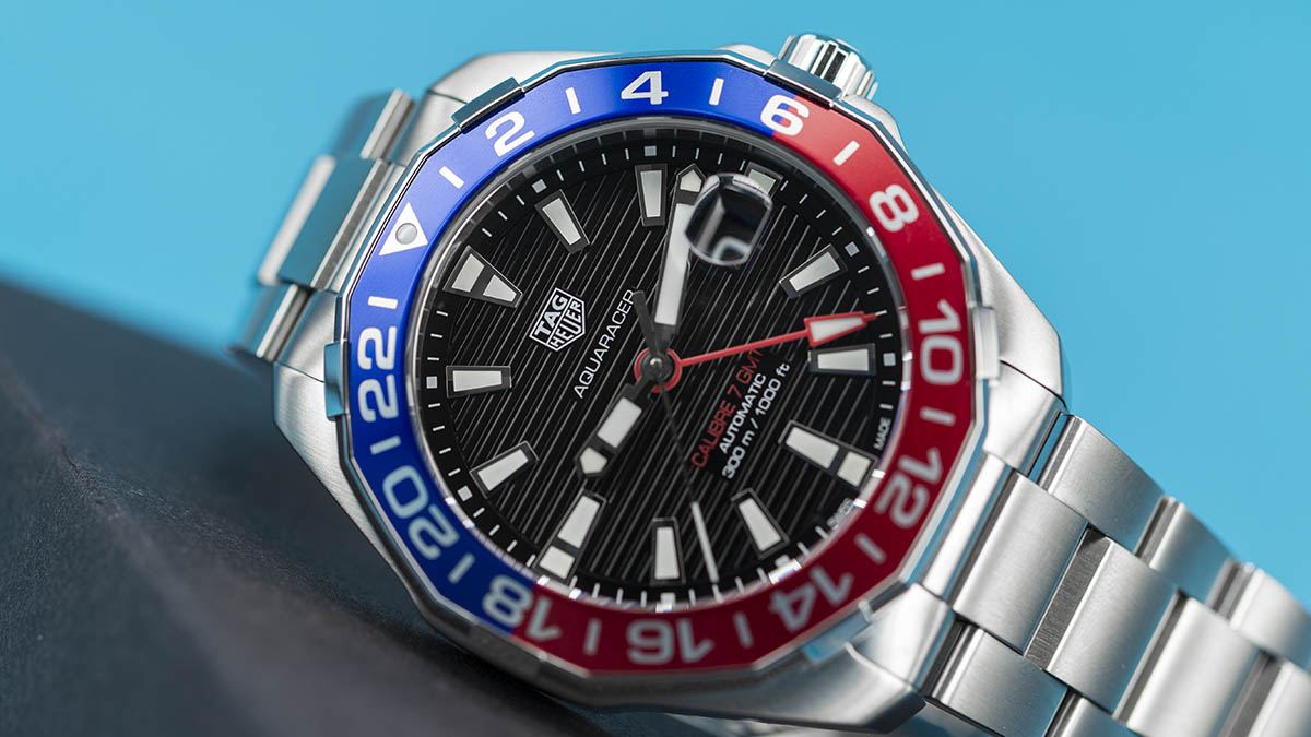 Tag Heuer Aquaracer GMT Caliber 7 Pepsi Black Dial Silver Steel Strap Watch for Men - WAY201F.BA0927