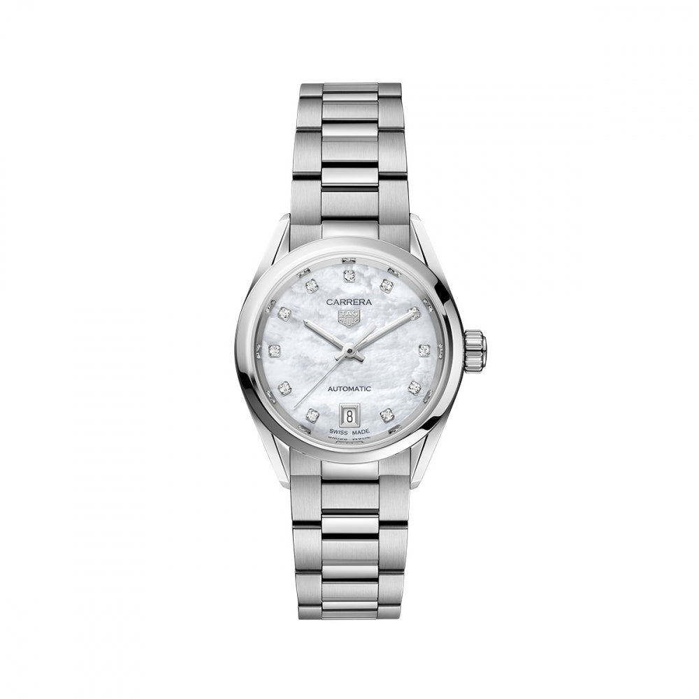  Shop Authentic Tag Heuer Carrera Diamonds Mother of Pearl Dial Silver Steel Strap Watch for Women - WBN2412.BA0621 - Luxxuri